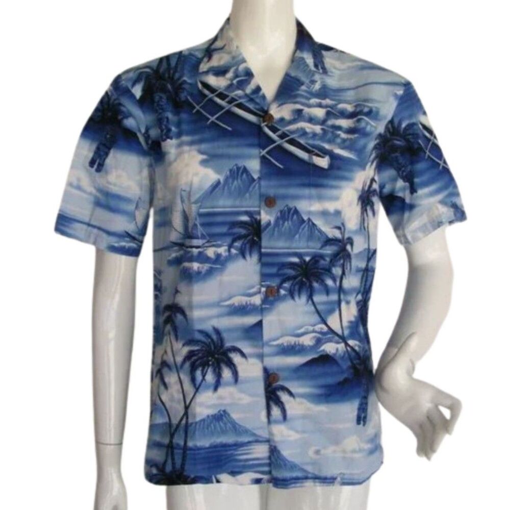 ROYAL CREATIONS Hawaiian Shirt, S, Blue/White, Sea View, outriggers, Tikis